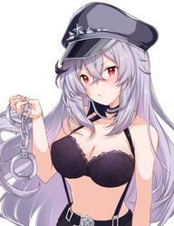  azur_lane bare_shoulders black_bra black_hair black_hat blush bra breasts cleavage crossed_bangs female gangut_(azur_lane) gangut_(imposing_warden)_(azur_lane) grey_hair hand_up hat lace-trimmed_bra lace_trim large_breasts long_hair looking_at_viewer mikuchi3939 mole mole_under_eye multicolored_hair navel official_alternate_costume parted_lips partially_undressed peaked_cap solo stomach streaked_hair underwear upper_body white_hair wrist_cuffs 