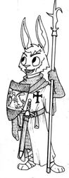  2016 3_toes ankle_wraps anthro armor belt bill_(weapon) black_and_white buckteeth carrot chainmail cheek_tuft clothing coat_of_arms cross crusader ears_up facial_scar facial_tuft feet food foot_wraps full-length_portrait fur heater_shield holding_melee_weapon holding_object holding_polearm holding_weapon knight labjer lagomorph leporid long_ears long_sleeves male mammal medieval melee_weapon monochrome notched_ear open_mouth open_smile plant polearm portrait rabbit rogier_d&#039;lapin_(spiff) scabbard scar sheathed_sword sheathed_weapon shield simple_background smile solo sword tabard teeth toes traditional_media_(artwork) tuft vegetable warrior weapon white_background white_body white_fur wraps 