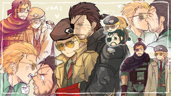  2boys ^^^ beard belt beret biting black_gloves blue_eyes blush bright_pupils brown_hair character_doll closed_eyes coat collared_shirt commentary_request couple crying crying_with_eyes_open eyepatch facial_hair fingerless_gloves gloves green_eyes green_shirt hat heart horns hug kazuhira_miller kissing leaning_on_person long_sleeves looking_at_another male_focus mature_male metal_gear_(series) metal_gear_solid_v:_the_phantom_pain multiple_boys multiple_views necktie nose_bite ponytail prosthesis prosthetic_arm red_necktie scar scar_across_eye scar_on_cheek scar_on_face scar_on_nose shirt short_hair single_horn sleeves_rolled_up smile sodayabp stubble stuffed_toy sunglasses sweat tears tinted_eyewear upper_body venom_snake vest white_pupils wide-eyed yaoi 