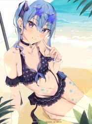  alternate_costume arm_support bad_id bad_pixiv_id beach bikini blue_bikini blue_eyes blue_hair blue_nails blush breasts choker collarbone commentary earrings eyewear_on_head female hair_ribbon haru_on head_tilt highleg highleg_bikini highres hololive hoshimachi_suisei index_finger_raised jewelry layered_bikini leaning_to_the_side leg_tattoo looking_at_viewer medium_hair mole mole_on_breast navel outdoors ribbon side_ponytail sidelocks small_breasts solo star-shaped_eyewear star_(symbol) star_choker star_in_eye star_tattoo stomach stomach_tattoo sunglasses swimsuit symbol_in_eye tattoo thighs virtual_youtuber 