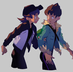  2boys aged_down arm_grab bad_id bad_twitter_id bag baseball_cap black_pants black_shirt brothers brown_hair dark-skinned_male dark_skin duffel_bag eye_contact fur-trimmed_jacket fur_trim green_bag grey_background hat highres hop_(pokemon) jacket leon_(pokemon) looking_at_another male_focus multiple_boys na1_pkmn open_clothes open_jacket open_mouth pants pokemon pokemon_(anime) pokemon_journeys pokemon_swsh purple_hair shirt short_hair siblings teeth yellow_eyes 