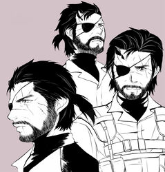  1boy beard commentary_request expressionless eyepatch facial_hair horns male_focus mature_male metal_gear_(series) metal_gear_solid_v:_the_phantom_pain monochrome multiple_views parted_lips ponytail scar scar_across_eye scar_on_cheek scar_on_face scar_on_mouth short_hair single_horn smile sodayabp turtleneck upper_body venom_snake 