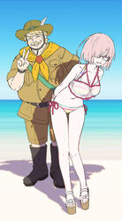  1boy arms_behind_back bare_shoulders beach bikini black_footwear blonde_hair blue_sky blush boots breasts brown_shirt brown_shorts cleavage closed_eyes collarbone day facial_hair fat fat_man fate/grand_order fate_(series) female glasses goredolf_musik grin hair_over_one_eye hat highres large_breasts light_purple_hair mash_kyrielight mash_kyrielight_(swimsuit_of_perpetual_summer_ver.02) moustache multicolored_bikini multicolored_clothes navel ocean official_alternate_costume one_eye_covered outdoors rainbow_bikini scarf scout_uniform see-through shirt shore short_hair short_sleeves shorts sky smile striped_bikini striped_clothes swimsuit v wada_arco water yellow_scarf 