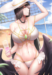  absurdres albedo_(overlord) beach bikini black_hair black_wings breasts cleavage cloud cloudy_sky cup day demon_girl drinking_glass drinking_straw female flag hat highres holding holding_cup horns large_breasts looking_away navel outdoors overlord_(maruyama) parted_lips sky solo swimsuit volleyball_net white_hat wings yellow_eyes zildt 