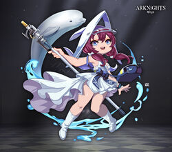  :d absurdres arknights bag beluga_whale blue_eyes boots dolphin dress female full_body highres holding holding_wand lataedelan long_hair looking_at_viewer open_mouth purestream_(arknights) purple_eyes shoulder_bag sleeveless sleeveless_dress smile solo teeth thigh_boots thighhighs wand white_dress white_footwear 