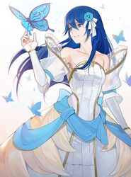  bare_shoulders blue_butterfly blue_eyes blue_flower blue_hair bridal_veil bride bride_(fire_emblem) bug butterfly collarbone commentary_request detached_sleeves dress female fire_emblem fire_emblem_awakening fire_emblem_warriors flower grin hair_flower hair_ornament highres kyufe long_hair lucina_(fire_emblem) rose simple_background smile solo strapless strapless_dress veil wedding_dress white_background white_dress 