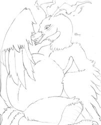  2017 avian bandai_namco beak belly big_belly bird birdramon digimon digimon_(species) fangs feathers female feral hand_on_belly hi_res jimfoxx looking_down looking_down_at_self looking_down_at_stomach lying monochrome nude on_back open_mouth pregnant pregnant_female solo spread_legs spreading teeth wide_eyed wings 