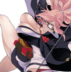  amputee baiken big_hair black_jacket black_kimono breasts cleavage clenched_teeth eyepatch female guilty_gear guilty_gear_xrd high_ponytail holding holding_sword holding_weapon jacket jacket_on_shoulders jako_(toyprn) japanese_clothes kataginu katana kimono large_breasts multicolored_clothes multicolored_kimono obi one-eyed open_clothes open_kimono pink_hair ponytail samurai sash scar scar_across_eye scar_on_face sheath sidelocks solo sword teeth thighs weapon white_kimono 