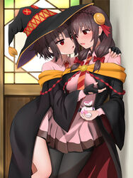  2girls absurdres against_wall arm_around_shoulder asymmetrical_docking bag belt black_belt black_cape black_gloves black_hair black_headwear blush bow braid breast_press breasts cape collared_shirt commentary_request cowboy_shot crown_braid eye_contact eyelashes fingerless_gloves furrowed_brow gibun_(sozoshu) gloves grabbing grabbing_another&#039;s_breast hair_ribbon hairbow hand_up hat highres holding holding_bag hug imminent_kiss indoors kono_subarashii_sekai_ni_bakuen_wo! kono_subarashii_sekai_ni_shukufuku_wo! large_breasts long_hair long_sleeves looking_at_another low_twintails md5_mismatch megumin miniskirt multiple_girls necktie open_mouth pantyhose pink_shirt pink_skirt pleated_skirt red_bow red_eyes red_prison_magic_school_uniform red_ribbon resolution_mismatch ribbon school_uniform shirt short_hair shy side_ponytail sidelocks skirt small_breasts source_smaller standing striped_necktie tearing_up tears thighs twintails wide_sleeves witch_hat yunyun_(konosuba) yuri 