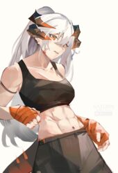  abs absurdres alternate_costume arknights arm_strap bad_id bad_pixiv_id bare_shoulders black_sports_bra blood blood_on_face breasts cmdr_saturn commentary_request crop_top deviantart_logo dragon_girl dragon_horns dragon_tail female grey_background highres horns instagram_logo long_hair looking_at_viewer medium_breasts midriff muscular muscular_female navel orange_eyes pixiv_logo saria_(arknights) simple_background solo sports_bra stomach tail toned twitter_logo upper_body very_long_hair white_hair 