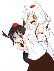  2girls animal_ears bare_shoulders black_hair black_wings blush breast_envy breasts commentary_request detached_sleeves empty_eyes grabbing grabbing_another&#039;s_breast hanging_breasts hat inubashiri_momiji kokutei_n multiple_girls oerba_yun_fang open_mouth pom_pom_(clothes) red_eyes shaded_face shameimaru_aya short_hair simple_background small_breasts tail tears tokin_hat touhou white_background white_hair wings wolf_ears wolf_tail 