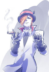  1boy 8-ball black_gloves black_hat blue_eyes cigar commentary gloves hair_over_one_eye hat highres iesupa looking_at_viewer male_focus orange_hair parted_lips roman_torchwick rwby smoking solo standing 