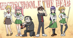  2boys 4girls baseball_bat busujima_saeko commentary_request doraemon fujiko_f_fujio_(style) gakuran highschool_of_the_dead hirano_kouta_(hsotd) komuro_takashi legs marikawa_shizuka miyamoto_rei multiple_boys multiple_girls nail_gun parody polearm school_uniform serafuku spear standing style_parody sword takagi_saya thighhighs ueyama_michirou weapon 