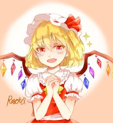  ascot blonde_hair blouse bow colored_eyelashes crystal fangs flandre_scarlet gradient gradient_background hairbow hands_clasped hat interlocked_fingers looking_at_viewer mob_cap open_mouth own_hands_together red_blouse red_eyes rosette_(roze-ko) short_hair side_ponytail signature slit_pupils solo sparkle touhou wings 