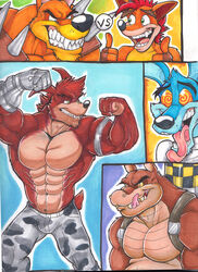  4_fingers abs activision anthro arody bandicoot biceps big_eyes big_muscles black_eyebrows black_nose blue_body blue_fur bottomwear brown_body brown_eyebrows brown_fur canid canine canis claws clothed clothing colored crash_(series) crash_bandicoot crocodile crocodilian crocodylid crunch_bandicoot dasyuromorph dingo dingodile extinct eyebrows fingers flexing front_view fur gesture gloves green_eyes grey_clothing group hair hand_gesture handwear hi_res huge_muscles hybrid kangaroo larger_male light macropod male mammal manly marsupial multicolored_body multicolored_fur muscular muscular_male no_pupils open_mouth open_smile orange_body orange_eyes orange_fur pants pecs pink_tongue pose pupils recently_extinct_species red_body red_fur red_hair reptile ripper_roo scalie shaded shoulder_pads size_difference slim smaller_male smile snout spikes spiral_eyes standing tan_body tan_fur thumbs_up thylacine tiny_tiger tongue toony topless traditional_media_(artwork) two_tone_body two_tone_fur unusual_pupils white_claws white_clothing yellow_body yellow_eyes yellow_fur yellow_sclera 