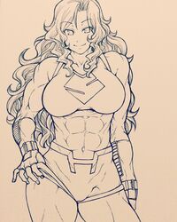  abs animification biceps breasts chiba_toshirou female fingerless_gloves gloves highres ink_(medium) jennifer_walters large_breasts long_hair marvel monochrome muscular muscular_female obliques she-hulk short_shorts shorts smile solo tank_top traditional_media 