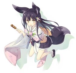  animal_ear_fluff animal_ears black_hair commentary_request dango female flower food fox_ears fox_tail hair_ornament holding japanese_clothes kuromitsu_nene long_hair looking_at_viewer oerba_yun_fang open_mouth original poco_(asahi_age) sandals skewer skirt smile socks solo tail wagashi wide_sleeves yellow_eyes 