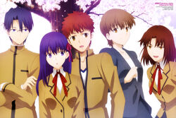  2girls 3boys :d absurdres artist_name black_hair black_jacket black_skirt blue_eyes brown_eyes brown_hair brown_jacket collarbone copyright_name crossed_arms emiya_shirou fate/stay_night fate_(series) fujimura_taiga glasses hair_between_eyes hair_ribbon hara_naomi highres homurahara_academy_school_uniform jacket jewelry matou_sakura mitsuzuri_ayako multiple_boys multiple_girls neck_ribbon necklace open_mouth outdoors purple_eyes purple_hair purple_ribbon red_hair red_ribbon ribbon ryuudou_issei school_uniform shirt short_hair skirt smile standing tree upper_body white_shirt 