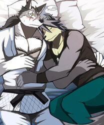  2016 abs age_difference anthro athletic bearlovestiger13 bed biceps big_muscles birthday black_hair black_nose blush bottomwear canid canine canis closed_eyes clothed clothing digital_media_(artwork) dog_tags domestic_dog duo fur furniture grey_body grey_fur grey_hair hair hand_on_hip hi_res husky intimate jewelry karate kouya_(morenatsu) lying male male/male mammal mature_anthro mature_male morenatsu muscular muscular_male necklace nordic_sled_dog pants pecs pillow pose scar shirt spitz sweatband tank_top teeth ten_kodori topwear white_body white_fur wolf wristband yellow_eyes 