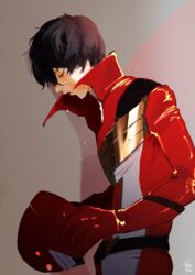  1boy amamiya_ren belt black_hair closed_eyes commentary_request eyelashes helmet high_collar male_focus parted_lips persona persona_5 persona_super_live phoenix_ranger_featherman removing_helmet shadow signature solo sumi_(isag0) sweat tokusatsu upper_body 