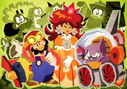  1boy aircraft airplane alien big_nose crown dress earrings facial_hair fangs female flower_earrings gem gloves grin hand_up jet jewelry mario mario_(series) moustache nintendo orange_dress overalls pilot_hat plane plumber princess_daisy red_eyes red_hair smile super_mario_land tatanga tomboy turtle white_gloves 