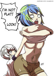  2girls blank_eyes blue_hair breasts bright_pupils cleavage commentary earth-chan english_commentary english_text green_hair highres kukuruyo medium_breasts moon-chan multicolored_hair multiple_girls navel o_o original short_hair shorts signature simple_background underboob undressing white_background white_pupils 