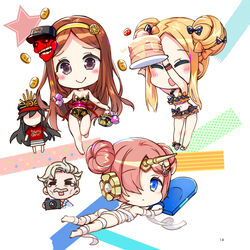  1boy 4girls :d =_= abigail_williams_(emerald_float)_(fate) abigail_williams_(fate) adapted_costume arms_up ass bandaged_arm bandaged_leg bandages bare_arms bare_legs bare_shoulders barefoot bikini bikini_bottom_only black_bikini black_bow black_hair black_headwear black_one-piece_swimsuit blonde_hair blue_eyes blush bow breasts brown_eyes brown_hair buster_shirt camera chacha_(fate) chibi closed_eyes closed_mouth commentary_request crest double_bun faceless faceless_female family_crest fate/grand_order fate_(series) food forehead frankenstein&#039;s_monster_(fate) frankenstein&#039;s_monster_(swimsuit_saber)_(fate) frankenstein&#039;s_monster_(swimsuit_saber)_(third_ascension)_(fate) grey_hair hair_bun hair_ornament hair_over_one_eye hairband hairbow hat holding holding_camera holding_plate horns james_moriarty_(archer)_(fate) jin_young-in kickboard koha-ace long_hair looking_at_viewer looking_back lying mask mask_on_head mechanical_horns multiple_girls multiple_hair_bows obi oda_nobunaga_(fate) oda_nobunaga_(koha-ace) oda_uri official_alternate_costume on_stomach one-piece_swimsuit open_mouth orange_bow outstretched_arms pancake pancake_stack parted_bangs peaked_cap pink_hair plate polka_dot polka_dot_bow red_shirt red_skirt sandals sash shirt short_sleeves sidelocks single_horn single_side_bun skirt small_breasts smile soles standing standing_on_one_leg star_(symbol) strapless strapless_one-piece_swimsuit striped_clothes striped_skirt swimsuit tears very_long_hair white_bikini white_footwear yellow_hairband 