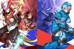  6+boys android arm_cannon bald blonde_hair blue_eyes colonel_(mega_man) commentary dr._wily_(mega_man) energy_sword facial_hair forehead_jewel gloves green_eyes grin helmet highres holding holding_weapon long_hair male_focus mega_man_(series) mega_man_x1 mega_man_x4 mega_man_x_(series) moustache multiple_boys red_eyes scar scar_across_eye scar_on_face serious shoulder_cannon sigma_(mega_man) smile sword very_long_hair vile_(mega_man) weapon white_gloves x_(mega_man) z_saber zelitto zero_(mega_man) 