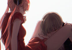  1boy bad_id bad_pixiv_id brown_hair commentary_request couple dress female gintama hair_between_eyes hair_bun hair_over_eyes hand_on_another&#039;s_knee kagura_(gintama) kissing_leg long_hair okita_sougo orange_hair red_dress red_eyes short_dress short_sleeves simple_background single_hair_bun straight szzz_k very_long_hair white_background 