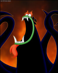  aku black_body black_eyes canid cartoon_network cephalopod coleoid crossover decapodiform demon facial_hair fire goatee green_body hotel_transylvania kraken male mammal marine mollusk not_furry octopodiform open_mouth red_background samurai_jack simple_background solo spikes teeth tentacle verona7881 