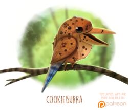  ambiguous_gender avian beady_eyes bird black_eyes branch candy chocolate chocolate_chips cookie coraciiform dessert digital_media_(artwork) digital_painting_(artwork) feral food food_creature humor kingfisher kookaburra open_mouth piper_thibodeau pun simple_background solo visual_pun white_background wood 