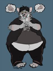  anthro belly big_belly black_hair bodily_fluids claws clothed clothing drooling eyewear food fur glasses grey_body grey_fur hair hyena male mammal navel obese obese_anthro obese_male overweight overweight_anthro overweight_male pizza saliva samyena solo spotted_hyena standing thought_bubble toe_claws tongue tongue_out wide_hips 