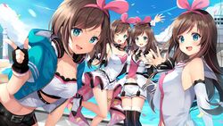  4girls azur_lane bare_shoulders bird blue_eyes blue_sky blush bow bowtie breasts brown_hair buttons cloud commentary_request day detached_collar detached_sleeves double-breasted dress fingerless_gloves gloves hairband hand_up headphones kizuna_ai kizuna_ai_(a.i._games) kizuna_ai_(anniversary) kizuna_ai_(elegant) kizuna_ai_inc. kurot lace-trimmed_sleeves lace_trim leg_up long_hair looking_at_viewer medium_breasts multicolored_hair multiple_girls multiple_persona necktie official_alternate_costume official_art one_eye_closed open_clothes open_dress open_mouth outdoors pink_hair pink_hairband pointing ribbon seagull ship shirt shorts sidelocks sky smile strapless streaked_hair thigh_strap thighhighs tube_top virtual_youtuber watercraft white_shorts wind 