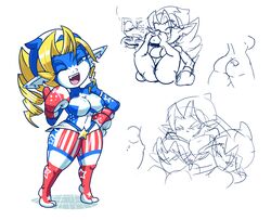  accipitrid accipitriform american_flag ass avian bird blonde_hair blue_eyes boxing_gloves breasts burger capcom clothing eagle female food hair handwear humanoid humanoid_pointy_ears midna netto nintendo not_furry one_eye_closed open_mouth rival_schools square_crossover star tattoo the_legend_of_zelda tiffany_lords twili twilight_princess united_states_of_america 