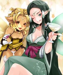  2girls :q alicia_rue animal_ears ass_visible_through_thighs bad_id bad_pixiv_id bell blonde_hair breasts cat_ears cat_girl cleavage collar cup dark_green_hair downblouse drinking_glass ear_covers energy energy_wings fairy fairy_wings green_eyes green_hair green_wings hair_tubes japanese_clothes long_hair magic medium_breasts multiple_girls neck_bell oerba_yun_fang one_eye_closed open_mouth pointy_ears red_eyes sakuya_(sao) settyaro short_eyebrows slit_pupils small_breasts smile sword_art_online tan thick_eyebrows tongue tongue_out wavy_hair wine_glass wings yellow_wings 