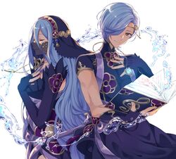  1boy aomeeso azura_(fire_emblem) azura_(performing_arts)_(fire_emblem) bad_id bad_twitter_id blue_hair closed_eyes female fire_emblem fire_emblem_fates fire_emblem_heroes gloves hair_over_one_eye highres jewelry long_hair mother_and_son official_alternate_costume polearm shigure_(fire_emblem) shigure_(performing_arts)_(fire_emblem) simple_background smile weapon yellow_eyes 