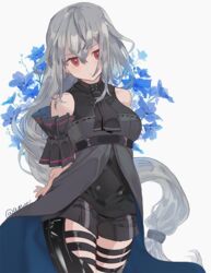  :/ amuri arknights armlet arms_behind_back artist_name bare_shoulders belt big_hair black_ribbon black_shirt commentary cowboy_shot dress female flower flower_request grey_dress grey_hair grey_shorts hair_between_eyes hair_over_shoulder hair_tie head_tilt high_belt layered_dress legs_together long_dress long_hair neck_ribbon no_nose open_clothes open_dress red_eyes ribbon shirt short_shorts shorts sidelocks simple_background skadi_(arknights) skadi_(elite_ii)_(arknights) sleeveless solo standing stitches striped_clothes striped_ribbon striped_shorts thigh_strap thighs two-tone_dress very_long_hair wavy_hair white_background 