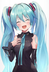  :d ^^^ arm_behind_back bare_shoulders bib_(bibboss39) black_shirt black_sleeves blue_hair blue_nails blue_ribbon closed_eyes collared_shirt commentary detached_sleeves facing_viewer female gradient_background grey_background hair_between_eyes hand_on_own_chest hatsune_miku hatsune_miku_(nt) head_tilt highres long_hair long_sleeves nail_polish neck_ribbon open_mouth piapro ribbon shirt sleeveless sleeveless_shirt sleeves_past_wrists smile solo twintails upper_body very_long_hair vocaloid 