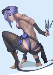  absurdres ass backless_outfit bare_shoulders black_gloves black_hairband black_leotard black_pantyhose breasts butt_crack dark-skinned_female dark_skin fate/prototype fate/prototype:_fragments_of_blue_and_silver fate_(series) feet female fingerless_gloves gloves hairband hassan_of_serenity_(fate) highres kunai legs leotard looking_at_viewer looking_back medium_breasts no_shoes pantyhose purple_eyes purple_hair short_hair sidelocks soles solo squatting stirrup_legwear toeless_legwear toes weapon yamachi_(xadp7533) 