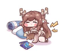  =_= animal_ears antlers blush_stickers breasts bulga chibi cleavage closed_eyes deer deer_ears deer_girl diana_(trickcal) dress female full_body futon horns korean_commentary large_breasts long_dress long_hair pain pillow side_slit solo tears trickcal white_background 