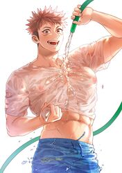  1boy abs bara blue_shorts brown_eyes ccccc_(jpn_m0) covered_nipples facial_mark highres holding holding_hose hose itadori_yuuji jujutsu_kaisen large_pectorals looking_at_viewer male_focus muscular muscular_male navel open_mouth pectorals pink_hair see-through shirt short_hair shorts smile solo splashing spraying teeth twitter_username undercut water water_drop wet wet_clothes wet_shirt white_background white_shirt 