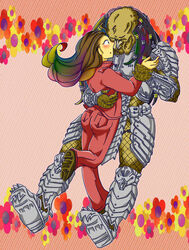  alexa_woods armor ass blush breasts brown_body brown_hair claws closed_eyes clothed clothing duo fangs female hair human humanoid kein_avp love male male/female mammal multicolored_hair open_mouth predator_(franchise) rainbow_hair romantic romantic_couple scar_(predator) simple_background teeth yautja 