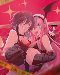  2girls bar_censor black_gloves blue_eyes blurry blurry_foreground breasts brown_hair caution_tape censored choker clenched_hand commentary foreshortening gloves grin hairband highres linch long_hair looking_at_viewer medium_breasts megurine_luka meiko_(vocaloid) middle_finger multiple_girls open_mouth pink_hair pointless_censoring red_eyes ring_no_seraph_(vocaloid) sharp_teeth short_hair smile sparkle spiked_choker spikes teeth tongue tongue_out upper_body v-shaped_eyebrows vocaloid wing_hair_ornament wrestling_outfit 