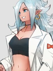  android_21 black_choker blue_eyes blue_hair breasts choker cleavage collarbone colored_skin commentary_request crop_top dragon_ball dragon_ball_fighterz earrings female grey_background hoop_earrings jewelry kemachiku lab_coat light_persona long_hair long_sleeves looking_away majin_android_21 medium_breasts midriff navel red_ribbon_army red_skin simple_background smile solo upper_body 