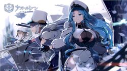  3girls azur_lane black_gloves black_legwear blue_eyes blue_hair blush braid breasts brown_eyes brown_hair cleavage coat collarbone commentary_request cross fur-trimmed_coat fur-trimmed_jacket fur_trim gloves gotyou gremyashchy_(azur_lane) grey_hair hair_between_eyes hat jacket kirov_(azur_lane) large_breasts long_hair machinery military_hat multiple_girls official_art second-party_source smile sovetskaya_belorussiya_(azur_lane) thighhighs turret very_long_hair white_coat white_headwear 