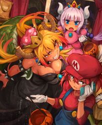  3girls armlet black_dress blonde_hair blue_eyes bowsette bowsette_(cosplay) bracelet breasts commentary cosplay crown dragon_horns dress earrings english_commentary glasses halloween halloween_costume hat highres horns jack-o&#039;-lantern jewelry kanna_kamui khyle. kobayashi-san_chi_no_maidragon kobayashi_(maidragon) large_breasts looking_at_viewer mario mario_(cosplay) mario_(series) mini_crown multiple_girls new_super_mario_bros._u_deluxe overalls panties pink_dress pink_hair princess_peach princess_peach_(cosplay) red_eyes red_hair red_headwear smile sphere_earrings spiked_armlet spiked_bracelet spikes super_crown tohru_(maidragon) underwear 