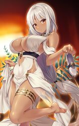  azur_lane backlighting bare_shoulders black_ribbon blush breasts brown_eyes cleavage commentary_request dark-skinned_female dark_skin dress emanon123 facial_mark female forehead_mark hair_ribbon highres large_breasts long_hair looking_at_viewer massachusetts_(azur_lane) massachusetts_(dressed_to_impress)_(azur_lane) nail_polish navel official_alternate_costume plant ribbon see-through shoes sideboob solo thigh_strap unworn_shoes very_long_hair white_dress white_hair white_nails 