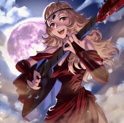  ahoge alternate_costume bare_shoulders bikini_boody black_nails blonde_hair circlet cloud cloudy_sky commission electric_guitar female fire_emblem fire_emblem_fates full_moon guitar highres instrument long_hair looking_at_viewer moon music nail_polish night night_sky open_mouth ophelia_(fire_emblem) playing_instrument sky 