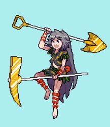  barefoot black_shirt black_skirt blue_background commentary crop_top english_commentary female full_body grey_hair himemushi_momoyo holding holding_pickaxe holding_shovel hopeless_masquerade long_hair lowres oerba_yun_fang open_mouth pickaxe shirt short_sleeves shovel simple_background skin_fang skirt solo touhou void_dancer 