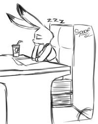  anthro arm_support beverage book closed_eyes disney ears_front female hi_res judy_hopps lagomorph leporid line_art mammal monochrome rabbit simple_background sleeping solo spoof_(artist) white_background zootopia 